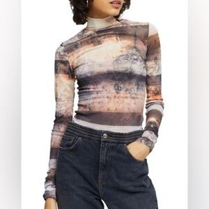 Topshop Landscape Print Mesh Top